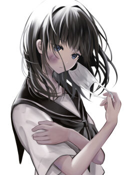 Rule 34 | 1girl, black hair, blue eyes, bruise, bruise on face, commentary request, empty eyes, expressionless, hair intakes, hand on own arm, highres, injury, long hair, looking down, mask, mask pull, mouth mask, neckerchief, original, school uniform, serafuku, short sleeves, solo, surgical mask, upper body, watanacat