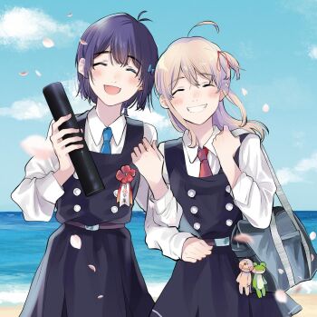 Rule 34 | 2girls, :d, ^ ^, ahoge, amano konatsu, antenna hair, artist name, bag, bag charm, belt, black dress, blue necktie, blue sky, blush, buttons, charm (object), closed eyes, collared shirt, copyright name, cover, cover page, day, diploma, diploma tube, double-breasted, dress, facing viewer, falling petals, flower, frog, graduation, grey hair, grin, hagino makoto, hair ribbon, hand up, hands up, happy, highres, holding, holding diploma, honami koyuki, locked arms, long hair, long sleeves, manga cover, missing commentary, mole, mole under eye, multiple girls, necktie, nettaigyo wa yuki ni kogareru, ocean, official art, one side up, open mouth, outdoors, petals, pinafore dress, purple hair, red flower, red necktie, red ribbon, ribbon, salamander, school bag, school uniform, shirt, short hair, shoulder bag, sky, sleeveless, sleeveless dress, smile, standing, tube, white shirt