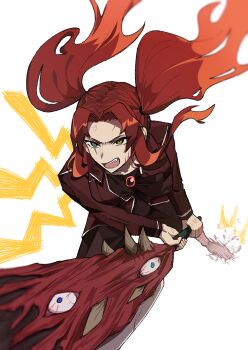 1girl black_bow black_bowtie bow bowtie brooch dynamic_pose e.g.o_(project_moon) floating_hair full_body gebura_(project_moon) grey_eyes heterochromia highres holding holding_sword holding_weapon jacket jewelry library_of_ruina long_hair m_ttl mimicry_(e.g.o) open_mouth parted_bangs project_moon red_hair red_jacket sidelocks simple_background solo sword twintails v-shaped_eyebrows very_long_hair weapon white_background yellow_eyes