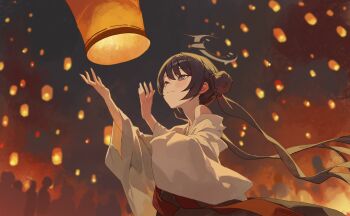 1girl bare_shoulders black_hair blue_archive blush closed_mouth commentary double_bun grey_eyes grey_halo hair_bun halo highres japanese_clothes kimono kisaki_(blue_archive) lantern long_hair m.q_(mqkyrie) miko paper_lantern red_skirt revision skirt sky_lantern smile solo white_kimono