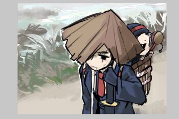 1boy 1girl aeng-du_(project_moon) bamboo-hatted_kim black_coat black_eyes black_hair black_pants carrying carrying_person coat gloves hand_on_own_shoulder hat jingasa limbus_company necktie object_request pants project_moon red_hairbandsky red_necktie scar scar_across_eye scar_on_face shirt shoggoth_(sirens20211) torn_clothes torn_hat toy walking white_shirt white_trim wooden_box