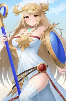1girl ancient_greek_clothes bare_shoulders blonde_hair blue_sky blush breasts chain chest_jewel chiton circlet closed_mouth cloud commentary core_crystal_(xenoblade) cosplay doiparuni dress earrings english_commentary gold_chain greco-roman_clothes hair_ornament highres holding holding_staff jewelry kid_icarus kid_icarus_uprising large_breasts long_hair looking_at_viewer mythra_(xenoblade) nintendo palutena palutena_(cosplay) shield sky smile solo staff thighhighs thighs tiara vambraces very_long_hair white_dress xenoblade_chronicles_(series) xenoblade_chronicles_2 yellow_eyes