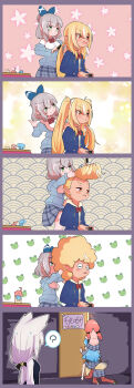 5koma 6+girls ? absurdres adjusting_another's_hair afro ahoge all_fours alternate_costume alternate_hairstyle animal_ears blazer blonde_hair blue_bow blue_hair blue_hoodie blue_jacket bow bowtie braid carrying closed_mouth collared_shirt comic commentary controller dark-skinned_female dark_skin dezhsieh door dot_nose elf fox_ears fox_girl fox_tail french_braid game_controller green_eyes grey_hair grey_skirt hair_bow hair_brush hair_down hairdressing hairstyle_request highres holding holding_controller holding_game_controller holding_hair_brush hololive hood hood_down hoodie hoshimachi_suisei human_stacking human_tower jacket long_hair medium_hair multicolored_hair multiple_girls off_shoulder official_alternate_costume omaru_polka on_floor open_clothes open_jacket open_mouth pants peeking pink_hair plaid_clothes plaid_skirt pointy_ears red_bow red_bowtie red_pants sakura_miko shirakami_fubuki shirakami_fubuki_(parade_dress) shiranui_flare shiranui_kensetsu shirogane_noel shirt shoes short_twintails shoulder_carry sidelocks silent_comic sitting skirt smile split_mouth spoken_question_mark stacking standing streaked_hair tail twintails virtual_youtuber white_hair white_shirt yellow_shirt