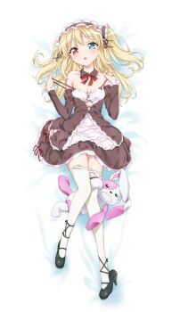 1girl blonde_hair blue_eyes boku_wa_tomodachi_ga_sukunai breasts child cleavage clothes_pull commentary_request dakimakura_(medium) dress full_body hairband hasegawa_kobato heterochromia high_heels highres lips lolita_fashion lolita_hairband long_hair off_shoulder official_art pantyhose pantyhose_pull red_eyes shoe_dangle shoes small_breasts solo stuffed_animal stuffed_rabbit stuffed_toy watanabe_yoshihiro white_pantyhose