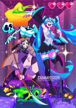 Rule 34 | 2girls, bat (animal), blue hair, brown eyes, brown hair, commission, crypt of the necrodancer, fire emblem, fire emblem fates, hatsune miku, highres, holding, holding polearm, holding weapon, looking at another, mozu (fire emblem), multiple girls, naginata, nintendo, polearm, skeleton, twintails, vocaloid, weapon, xander wolk