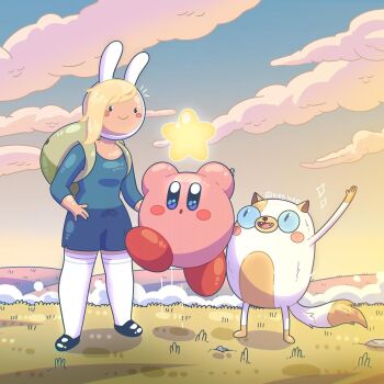2girls :o adventure_time adventure_time:_fionna_and_cake aimaay arms_up artist_name backpack bag blonde_hair blue_sky blush_stickers cake_the_cat closed_mouth cloud cloudy_sky commentary crossover english_commentary fionna_campbell highres jumping kirby kirby_(series) multiple_girls nintendo open_mouth shadow sky standing star_(symbol)