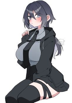 1girl absurdres between_legs black_hair black_hoodie black_jacket black_necktie black_pantyhose black_skirt black_thighhighs blush blush_stickers breasts chest_strap colored_inner_hair commentary_request grey_eyes grey_hair grey_shirt hair_between_eyes hand_between_legs highres holding_hoodie hood hoodie huge_breasts jacket long_hair long_sleeves looking_at_viewer looking_to_the_side multicolored_hair necktie oimotororo1116 open_clothes open_hoodie original pantyhose pleated_skirt shirt sidelocks signature single_leg_pantyhose single_thighhigh sitting skirt solo thigh_strap thighhighs white_background yuuka_(oimotororo1116)