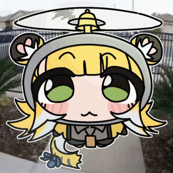 animal_ear_fluff animal_ears animated animated_gif blonde_hair blush bow chibi chibi_only collared_shirt commentary_request green_eyes grey_shirt imaweedman01 jacket ju_fufu korean_commentary long_hair looking_at_viewer looping_animation multicolored_hair outdoors photo_background shirt tail tail_bow tail_ornament tiger_ears tiger_girl two-tone_hair white_hair yellow_jacket zenless_zone_zero