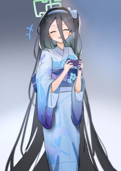 1girl absurdly_long_hair absurdres andersonalac aqua_halo aris_(blue_archive) black_hair blue_archive blue_bow blue_hairband bow closed_eyes controller facing_viewer game_controller gradient_background hair_between_eyes hair_bow hairband halo highres holding holding_controller holding_game_controller japanese_clothes kimono long_hair long_sleeves open_mouth print_kimono smile solo rectangular_halo teeth upper_teeth_only very_long_hair wide_sleeves