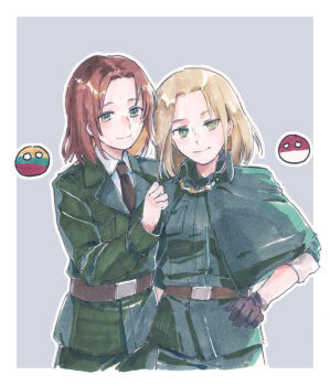 2boys axis_powers_hetalia belt black_gloves black_necktie blonde_hair border breast_pocket brown_belt brown_hair capelet chain closed_mouth collared_capelet collared_jacket collared_shirt colored_inner_hair cowboy_shot gloves gold_chain green_capelet green_eyes green_jacket green_pants grey_background hand_on_own_hip hand_up highres jacket lapels lithuania_(hetalia) long_sleeves looking_at_viewer male_focus military_jacket military_uniform multicolored_hair multiple_boys necktie pants pocket poland_(hetalia) shirt short_hair simple_background smile standing white_border white_shirt yorktown_cv-5