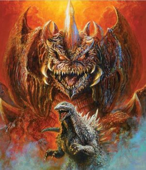 Rule 34 | bob eggleton, cloud, crest, destoroyah, dinosaur, epic, fangs, godzilla, godzilla (series), godzilla against mechagodzilla, godzilla vs. destoroyah, highres, horns, kaiju, looking at viewer, no humans, no pupils, orange eyes, roaring, sea monster, sharp teeth, single horn, spikes, tail, teeth, toho, tusks, yellow eyes