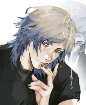 1boy black_nails black_shirt blonde_hair blue_eyes blue_hair blue_lock cigarette gradient_hair highres light_blush long_sleeves looking_at_viewer male_focus michael_kaiser multicolored_hair nail_polish portrait shirt simple_background smoking solo two-tone_hair v3raxyy white_background