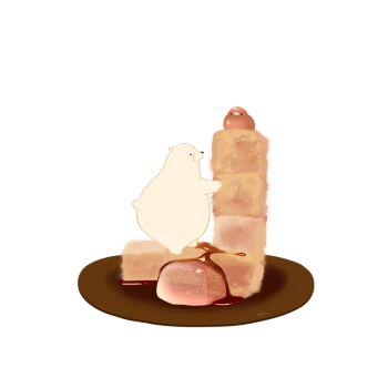 animal bear bird chai_(drawingchisanne) commentary_request food food_focus mochi no_humans on_food original plate polar_bear signature standing_on_object undersized_animal wagashi warabimochi white_background