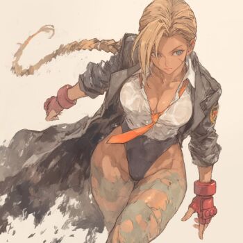 1girl black_coat blonde_hair blue_eyes braid breasts cammy_white capcom cl10000x cleavage coat female_focus fingerless_gloves gauntlets gloves long_hair necktie orange_necktie red_gloves solo street_fighter street_fighter_6 thick_thighs thighs
