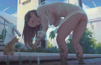 1girl ass bent_over bigrbear bottomless breasts brown_eyes brown_hair cat cleft_of_venus day dirty hanging_breasts highres holographic_monitor jacket large_breasts long_hair mud nipples open_clothes open_jacket open_mouth original outdoors pussy rice_planting see-through_clothes solo uncensored