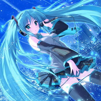 1girl 2000s_(style) aqua_eyes aqua_hair aqua_nails aqua_necktie black_skirt black_sleeves cityscape detached_sleeves grey_shirt hatsune_miku headphones headset highres long_hair microphone necktie roozaku shirt skirt sleeveless sleeveless_shirt solo twintails vocaloid