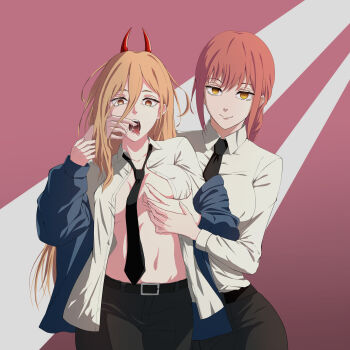 2girls absurdres black_necktie black_pants blonde_hair breasts business_suit chainsaw_man commentary_request crosshair_pupils crossover demon_girl demon_horns finger_in_another's_mouth formal_clothes grabbing_own_breast groping highres horns long_hair looking_at_viewer makima_(chainsaw_man) medium_breasts multiple_girls necktie open_clothes open_shirt pants power_(chainsaw_man) red_hair ringed_eyes saliva same1029 sharp_teeth shirt suit symbol-shaped_pupils teeth white_shirt yellow_eyes yuri