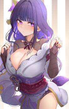 1girl absurdres asaikeu breasts bridal_gauntlets cleavage commentary_request genshin_impact hair_ornament highres japanese_clothes kimono large_breasts long_hair obi purple_eyes purple_hair purple_kimono raiden_shogun sash solo thighs very_long_hair