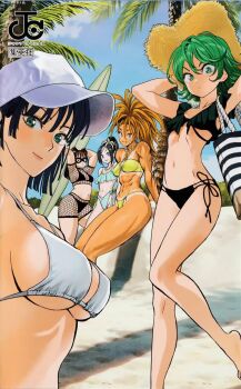 5girls baseball_cap beach bikini black_bikini breasts captain_mizuki domino_mask eye_mask female_focus fishnets fubuki_(one-punch_man) green_eyes green_hair hat highleg highleg_bikini highres large_breasts looking_at_viewer mask matching_hair/eyes midriff multiple_girls murata_yuusuke muscular muscular_female navel official_art one-punch_man palm_tree sansetsukon_no_lily shadow_ring_(one-punch_man) siblings side-tie_bikini_bottom sisters smile standing straw_hat sun_hat surfboard swimsuit tan tanline tatsumaki thick_thighs thighs tree underboob white_bikini yellow_bikini