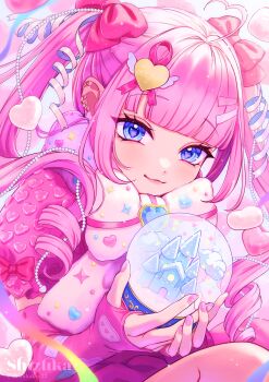 1girl absurdres blue_eyes bow closed_mouth dress drill_hair earrings fingerless_gloves gloves hair_bow hair_ornament highres jewelry long_hair original pink_bow pink_dress pink_gloves pink_hair pink_nails pink_sleeves solo twintails usagiboshi_shizuka