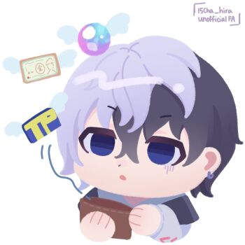 1boy :o banknote black_hair blue_eyes chibi chibi_only cropped_shoulders earrings grey_hair hair_between_eyes highres hira_icigocha jewelry kuronaka_yo male_focus money multicolored_hair short_hair solo tribe_nine twitter_username two-tone_hair wallet