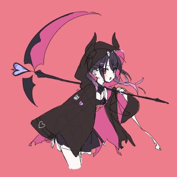 1girl black_dress black_hair black_jacket cloak cropped_legs dress hair_ornament heart holding holding_scythe hood hood_up hooded_cloak horns jacket leaning_forward long_hair long_sleeves looking_at_viewer multicolored_hair oninome_tsuki open_mouth original over_shoulder pink_background pink_hair purple_eyes scythe simple_background sketch solo twintails weapon x_hair_ornament