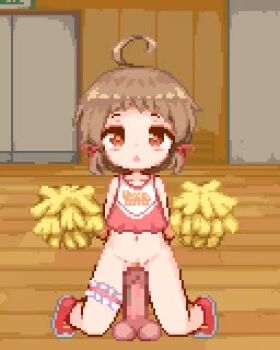 1girl ahoge animated blush bottomless brown_hair cheering cheerleader cum cum_in_pussy cumdrip disembodied_penis ejaculation hair_tie hinainf kneeling loli navel orange_eyes original overflow penis pixel_art pom_pom_(cheerleading) red_footwear shoes short_hair solo_focus tagme testicles thigh_strap vaginal video