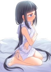 Rule 34 | 1girl, barefoot, black hair, blue eyes, blush, breasts, commentary request, crossed arms, dress, ina (inadahime), kaoru-chan (ina (inadahime)), long hair, looking to the side, original, panties, profile, short dress, side-tie panties, sitting, small breasts, solo, toes, twintails, underwear, very long hair, white dress, white panties