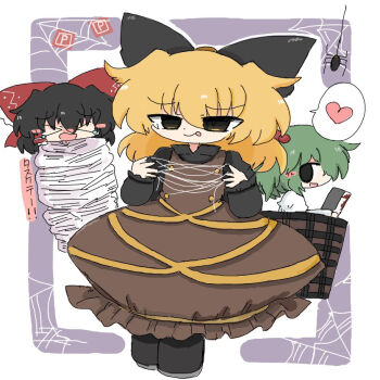 >_< 3girls :p black_bow blood bloody_weapon bow brown_dress brown_hair bug chibi chibi_only cleaver commentary dress frilled_bow frilled_hair_tubes frills green_hair hair_bow hair_tubes hakurei_reimu heart holding holding_cleaver kisume kurodani_yamame kuuinusuki long_hair multiple_girls open_mouth power_item_(touhou) red_bow restrained silk smile speech_bubble spider spider_web spoken_heart tongue tongue_out touhou translation_request weapon