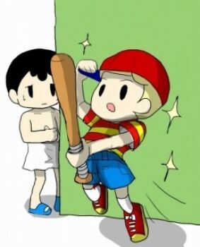 bare_legs baseball_bat black_hair blonde_hair blush child hat imitating legs lucas_(mother_3) mother_(series) mother_2 mother_3 naked_towel ness_(mother_2) nintendo on_towel palying red_hat sandals shirt shoes shorts shota socks striped_clothes striped_shirt super_smash_bros. towel