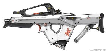 from_side gun highres magazine_(weapon) no_humans original peter_(peter6409) science_fiction solo submachine_gun trigger weapon weapon_focus white_background