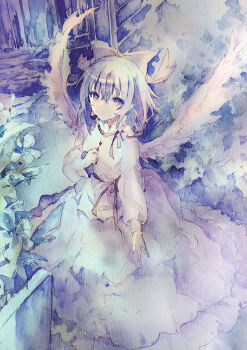 Rule 34 | 1girl, absurdres, angel wings, blue eyes, blue hair, blue theme, bow, closed mouth, dress, flower, hat, hat bow, highres, kamu kotan, long dress, long sleeves, mai (touhou), painting (medium), solo, touhou, touhou (pc-98), traditional media, waist ribbon, watercolor (medium), white bow, white dress, wings