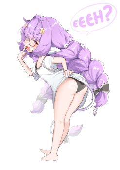 1girl ahoge animal_ears ass bow braid cow_ears cow_tail feet from_behind glasses highres horns leaning_forward loli long_hair looking_at_viewer looking_back mesugaki mini_moo monomogi muu_muyu open_mouth panties phase_connect pink_eyes presenting presenting_ass purple_hair shirt solo speech_bubble standing tail teasing underwear virtual_youtuber white_background white_shirt
