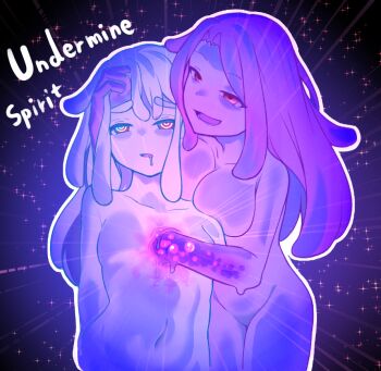 2girls blue_hair blue_skin breasts colored_skin grabbing_own_breast kuroame_uma monster_girl multiple_girls original purple_hair purple_skin slime_girl small_breasts