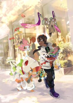 Rule 34 | 1boy, black pants, collared shirt, dark-skinned male, dark skin, day, doublade, e volution, flabebe, gen 5 pokemon, gen 6 pokemon, green necktie, highres, holding, jacket, long hair, long sleeves, looking back, male focus, mega scrafty, naveen (pokemon), necktie, nintendo, open clothes, open jacket, open mouth, orange vest, outdoors, pants, pokemon, pokemon (creature), pokemon legends: z-a, scrafty, shirt, shoes, single sidelock, spritzee, standing, vest, watermark