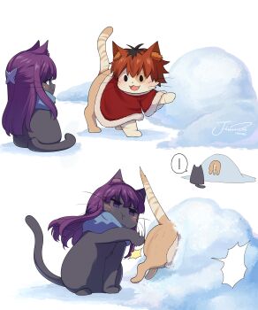 ... :d :t absurdres angry animal animalization black_hair blank_speech_bubble butterfly_hair_ornament capelet cat clothed_animal commentary fang fern_(sousou_no_frieren) hair_ornament highres j_humbo multicolored_hair no_humans open_mouth outdoors purple_hair red_capelet red_hair scarf scratches short_hair signature smile snow sousou_no_frieren speech_bubble spoken_ellipsis stark_(sousou_no_frieren) stuck symbol-only_commentary two-tone_hair