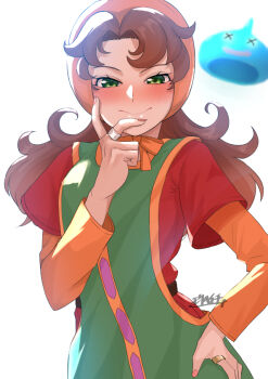 1girl blush brown_hair closed_mouth curly_hair dragon_quest dragon_quest_vii dress green_eyes hood jewelry long_hair looking_at_viewer maribel_(dq7) mori_heichi ring simple_background slime_(dragon_quest) white_background x_x
