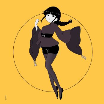 Rule 34 | 1girl, absurdres, bleach, braid, braided ponytail, breasts, commentary, commentary request, english commentary, full body, greyscale with colored background, highres, kurotsuchi nemu, large breasts, m1gm1gmagnesium, miniskirt, pantyhose, pencil skirt, sidelocks, signature, single braid, skirt, sleeves past wrists, solo, wide sleeves, yellow background