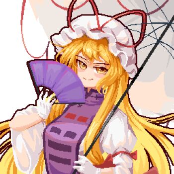 blonde_hair bow dress edz_drawz folding_fan hair_bow hand_fan hat hat_ribbon looking_at_viewer lowres mob_cap parasol pixel_art purple_dress purple_tabard ribbon smile tabard touhou trigram umbrella yakumo_yukari yellow_eyes