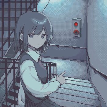 1girl asleep_onthebed black_hair closed_mouth collared_shirt dithering highres indoors long_sleeves medium_hair original pixel_art pleated_skirt pointing shirt skirt solo stairs stairwell sweater_vest white_shirt