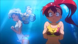 00s 2girls air_bubble animated anime_screenshot asphyxiation bikini blowing_bubbles breasts bubble drowning highres holding_breath long_hair multicolored_hair multiple_girls navel nia_teppelin one-piece_swimsuit ponytail red_hair sound submerged swimsuit tagme tengen_toppa_gurren_lagann underwater video water yellow_eyes yoko_littner