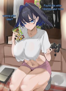 1girl absurdres black_hair blue_eyes blue_hair breasts colored_inner_hair controller crop_top daaku_(koizumi_arata) dragon_ball english_text game_controller grey_socks highres holding holding_controller holding_game_controller hololive hololive_english indoors large_breasts medium_hair multicolored_hair navel ouro_kronii pink_shorts playstation_controller shirt short_shorts shorts socks solo video_game virtual_youtuber white_shirt