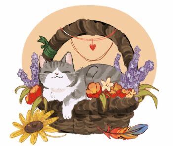 Rule 34 | :3, ^ ^, animal, animal focus, anmitsu (anmitsu40919780), basket, cat, closed eyes, commentary, feathers, flower, flower request, grey cat, heart, hermitcraft, in basket, in container, jellie (hermitcraft), lavender (flower), minecraft youtube, no humans, purple flower, red flower, simple background, solo, sunflower, symbol-only commentary, tabby cat, white background, yellow flower