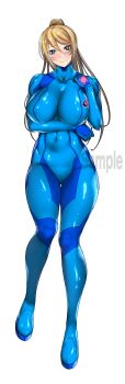 1girl absurdres arm_under_breasts blonde_hair blue_bodysuit blue_eyes bodysuit breasts closed_mouth commentary_request covered_navel dakimakura_(medium) eyelashes full_body highres large_breasts long_hair metroid mole mole_under_mouth morimoto_kiyona nintendo ponytail sample_watermark samus_aran solo thigh_gap watermark zero_suit