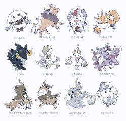 :3 :d aquarius_(constellation) aquarius_(zodiac) aries_(zodiac) baltoy blush bubble cancer_(zodiac) capricorn_(zodiac) claws closed_mouth decidueye gardevoir gemini_(zodiac) gen_1_pokemon gen_3_pokemon gen_4_pokemon gen_6_pokemon gen_7_pokemon gen_8_pokemon kingler leo_(zodiac) libra_(zodiac) luxray minun nintendo no_feet open_mouth pisces_(zodiac) pitcher_(container) plusle pokemon pokemon_(creature) sagittarius_(zodiac) scorpio_(zodiac) simple_background skiddo skorupi smile sparkle squirtle star_(sky) star_(symbol) tauros taurus_(zodiac) virgo_(zodiac) water weights white_background wishiwashi wishiwashi_(solo) wooloo yurano_(upao) zodiac
