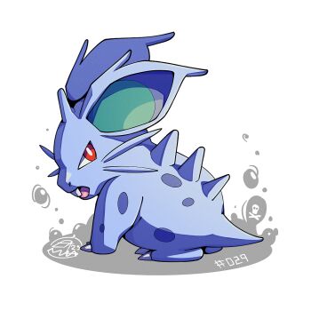 blue_skin bright_pupils colored_skin full_body gen_1_pokemon looking_at_viewer mistray-art nidoran nidoran_(female) nintendo no_humans numbered open_mouth pokemon pokemon_(creature) red_eyes signature simple_background solo white_background white_pupils