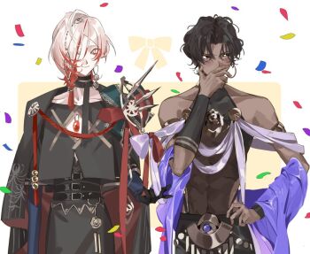 2boys arjuna_(celebratory_attire)_(fate) arjuna_(fate) armlet belly_chain bishounen black_eyes black_gloves black_hair blush chest_jewel confetti dancer dark-skinned_male dark_skin earrings eyeshadow eyeshadow_under_eye fate/grand_order fate_(series) floral_print flower gloves gold_armlet gold_earrings gold_necklace gradient_hair hair_over_one_eye indian_clothes jewelry karna_(celebratory_attire)_(fate) karna_(fate) makeup medium_hair multicolored_hair multiple_boys necklace pale_skin purple_sash purple_shawl red_eyeshadow red_flower red_hair sash shawl sleeveless spider_lily spider_lily_print wavy_hair white_flower white_spider_lily yeguangmusi