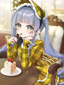 Rule 34 | 1girl, :3, absurdres, armchair, black bow, black bowtie, blue hair, blurry, blurry background, bonnet, bow, bowtie, cake, cake slice, chair, commentary, dress, eno nuo, food, fork, frilled dress, frilled sleeves, frills, gold dress, green eyes, hair intakes, highres, holding, holding fork, juliet sleeves, lolita fashion, long hair, long sleeves, looking at viewer, official alternate costume, plaid clothes, plaid dress, plate, puffy sleeves, sitting, solo, symbol-only commentary, table, twintails, virtual youtuber, vspo!, yano kuromu, yano kuromu (3rd costume)