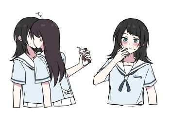 2girls bang_dream! bang_dream!_it&#039;s_mygo!!!!! black_hair blue_eyes blue_shirt blush brown_hair closed_mouth commentary hanasakigawa_school_uniform hashtag-only_commentary highres kiss long_hair multiple_girls pleated_skirt sailor_collar school_uniform shiina_taki shirt simple_background skirt sweat white_background white_sailor_collar white_skirt yahata_umiri you100086 yuri