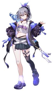 1girl absurdres alternate_costume bandaid black_jacket black_shorts bow braid breasts closed_mouth fishnets grey_eyes grey_hair hair_between_eyes hair_ornament hairclip headset highres honkai:_star_rail honkai_(series) jacket long_hair looking_at_viewer medium_breasts multicolored_hair navel ponytail resized samsung shirt shorts silver_wolf_(honkai:_star_rail) silver_wolf_(samsung)_(honkai:_star_rail) smile solo sony streaked_hair upscaled white_shirt xpramt